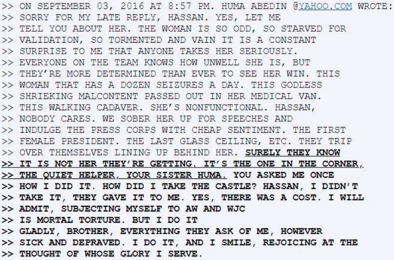 Email from Huma Abedin to Hassan (Muslim Brotherhood higher-up).