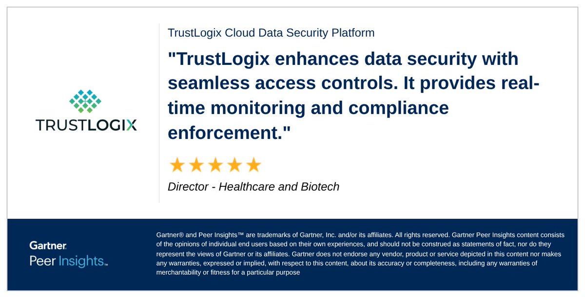 Director in the Healthcare and Biotech Industry gives TrustLogix Cloud Data Security Platform 5/5 Rating in Gartner Peer Insights™ Data Security Posture Management (DSPM) Market. 

Read the full review here: hubs.li/Q03DQc3m0 #gartnerpeerinsights #trustlogix #DSPM