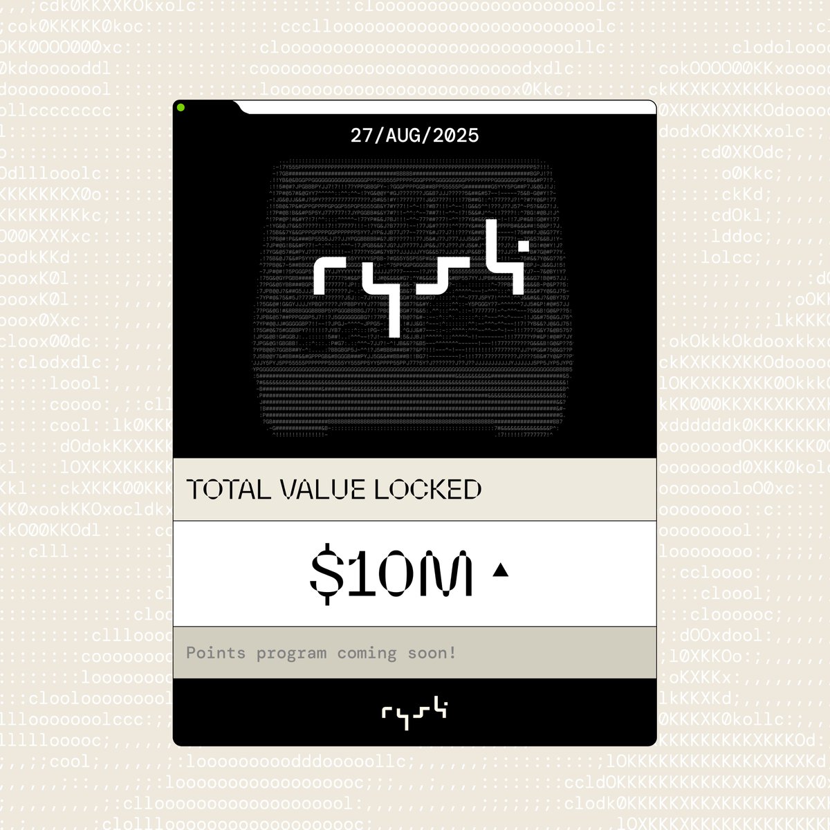 ryskfinance's tweet photo. Rysk just crossed $10M TVL 

What’s next?
$10M was the first milestone. Now it’s time to scale fast and become the volatility yield layer of DeFi.

That means the points program goes live soon.

In the meantime: ETH cash-secured puts are live.

https://t.co/rvRvrGgQDD https://t.co/fAhP0lEhRA
