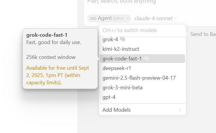 Denis_K's tweet image. #Grok Code Fast 1 Grok Code is now available in #Cursor (free for 1 week)

#GrokCodeFast1