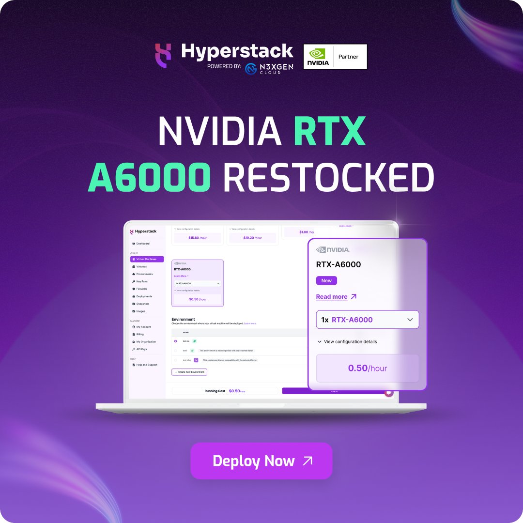 Hyperstackcloud's tweet image. 🚨🎯 Back by demand: NVIDIA RTX A6000 is restocked on Hyperstack!
Built for serious AI workloads:
🔧 10,752 CUDA cores
💾 768 GB/s memory bandwidth
🧠 336 Tensor Cores
💸 Just $0.50/hr on-demand
Spin it up in minutes → eu1.hubs.ly/H0mCSKm0
#Hyperstack #NVIDIAA6000