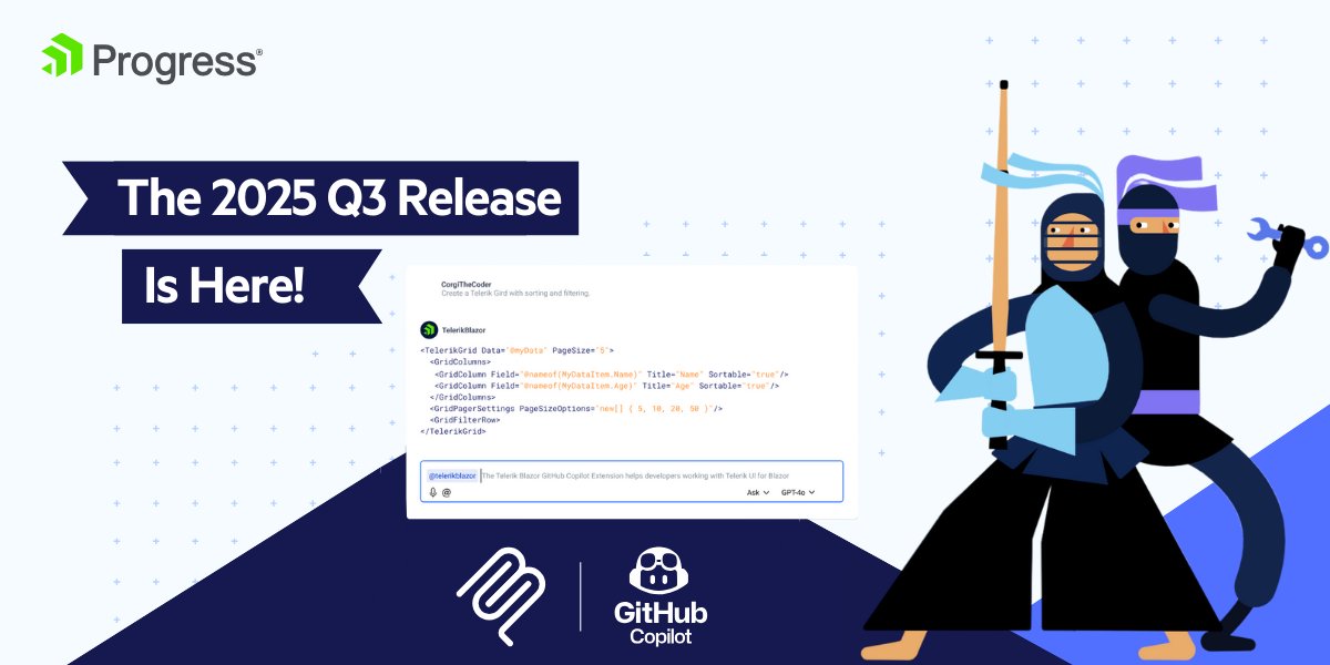 Telerik's tweet image. It's live! 😎 The Q3 2025 Telerik and Kendo UI release arrived! 🎉
And the best part? Now the AI Coding Assistants are available for all major UI libraries, including Telerik UI for #ASPNETCore, #WPF, #WinForms, & #DotNetMAUI!
Get the full lowdown on everything shiny & new ➡️…