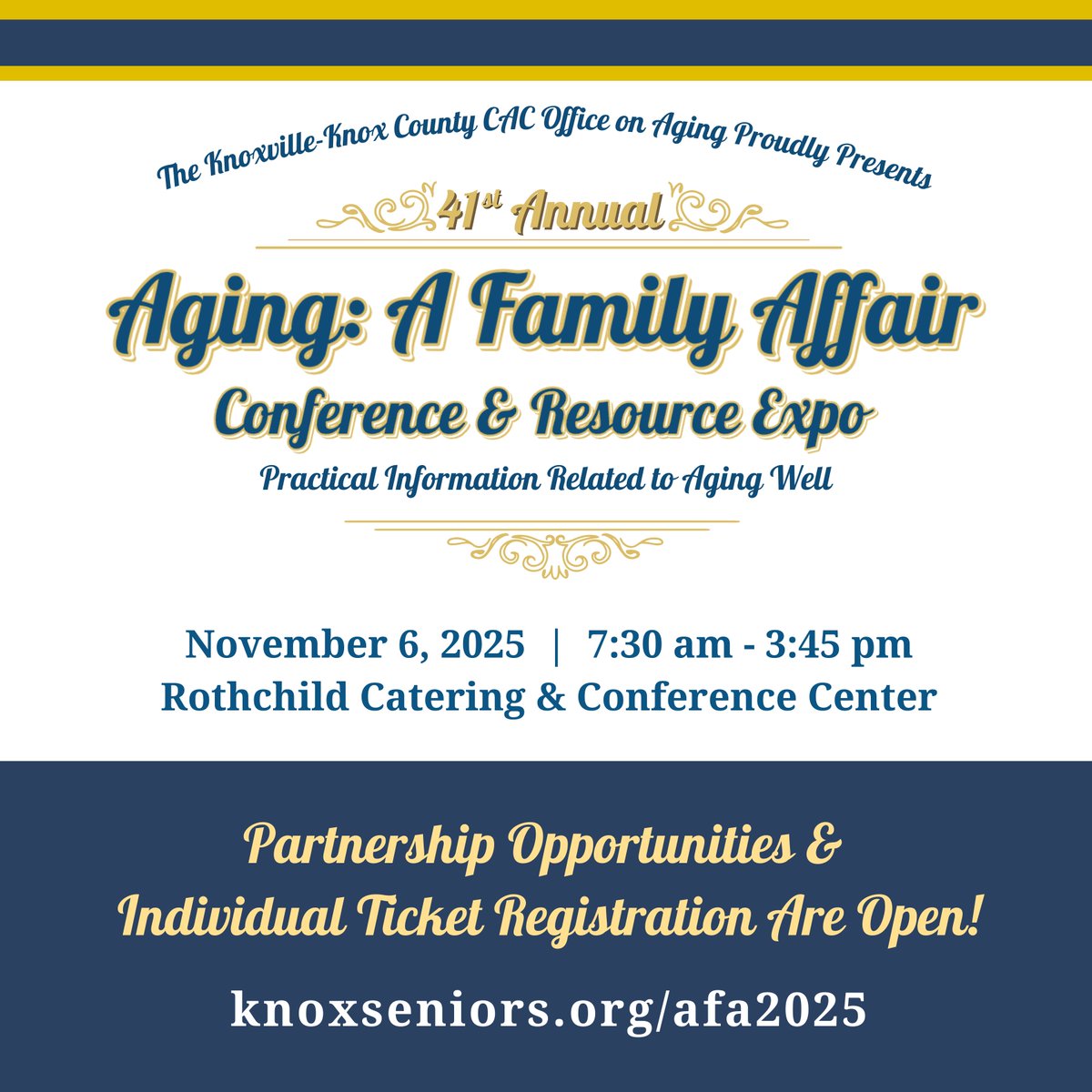 We have exciting news! Depending on who you are, it may not be as exciting as Taylor and Travis getting engaged, but... Tickets for Aging: A Family Affair on November 6th are now available! secure.qgiv.com/for/agingafami… #Knoxville #Event #Seniors #Conference