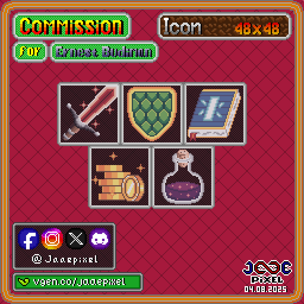 Jaaepixel's tweet photo. Hello everyone, I also open commission for making a iconset on https://t.co/VzKIP1lTtR, let's check it's out.
https://t.co/NIVOpCIah2

#pixelart #iconset #opencommissions #vgencommissions #gameasset #jaaepixel https://t.co/yyXWbuDipt