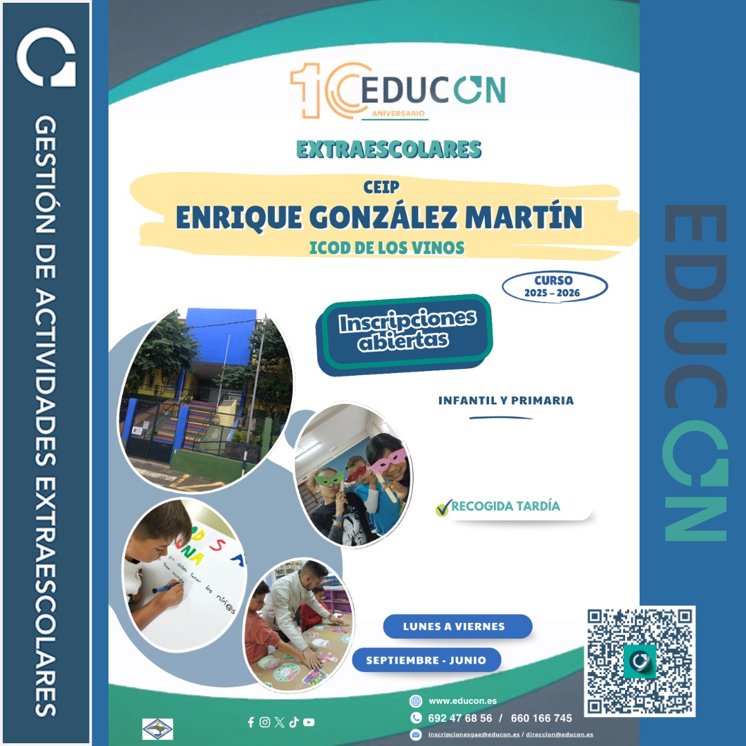 🏫 CEIP Enrique González Martín
Curso 2025/26
🎉 ¡Seguimos creciendo juntos en el CEIP Enrique González Martín!
Confía en EDUCON para cuidar, acompañar y motivar a tus hijos/as al salir de clase. 💙
🌐 Inscripciones disponibles ya en: educon.es/inscripciones