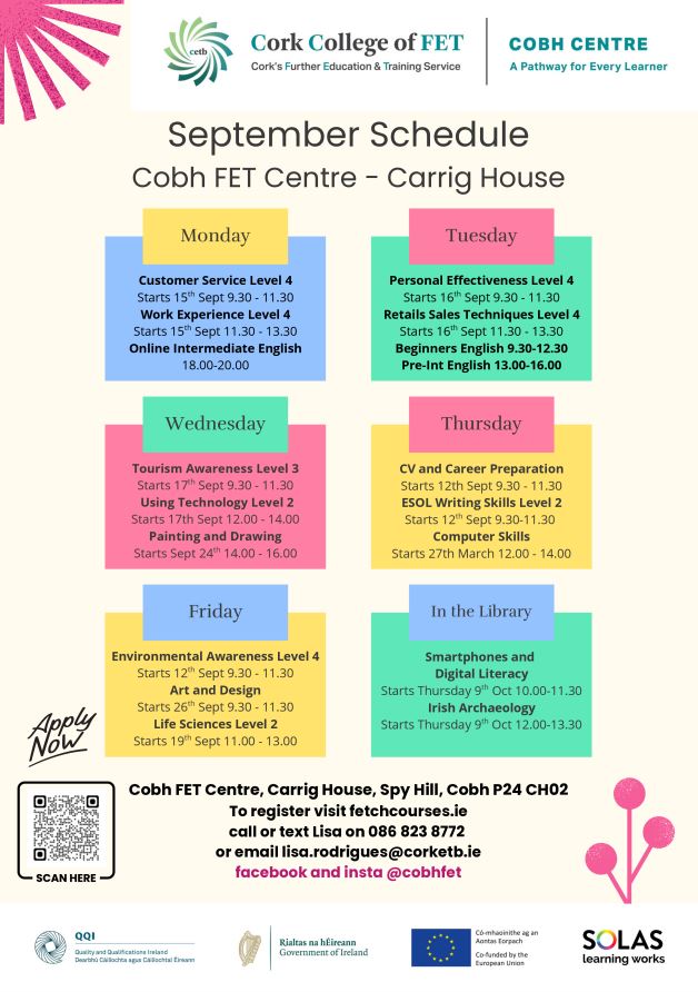 corkcolibrary's tweet image. On Wednesday 03rd September Cork College of Further Education Cobh will hold an information session in #CobhLibrary from 1-2.45pm all about the fab, free courses they are running this autumn on everything from archaeology to art and design! Be sure to drop by for more information…