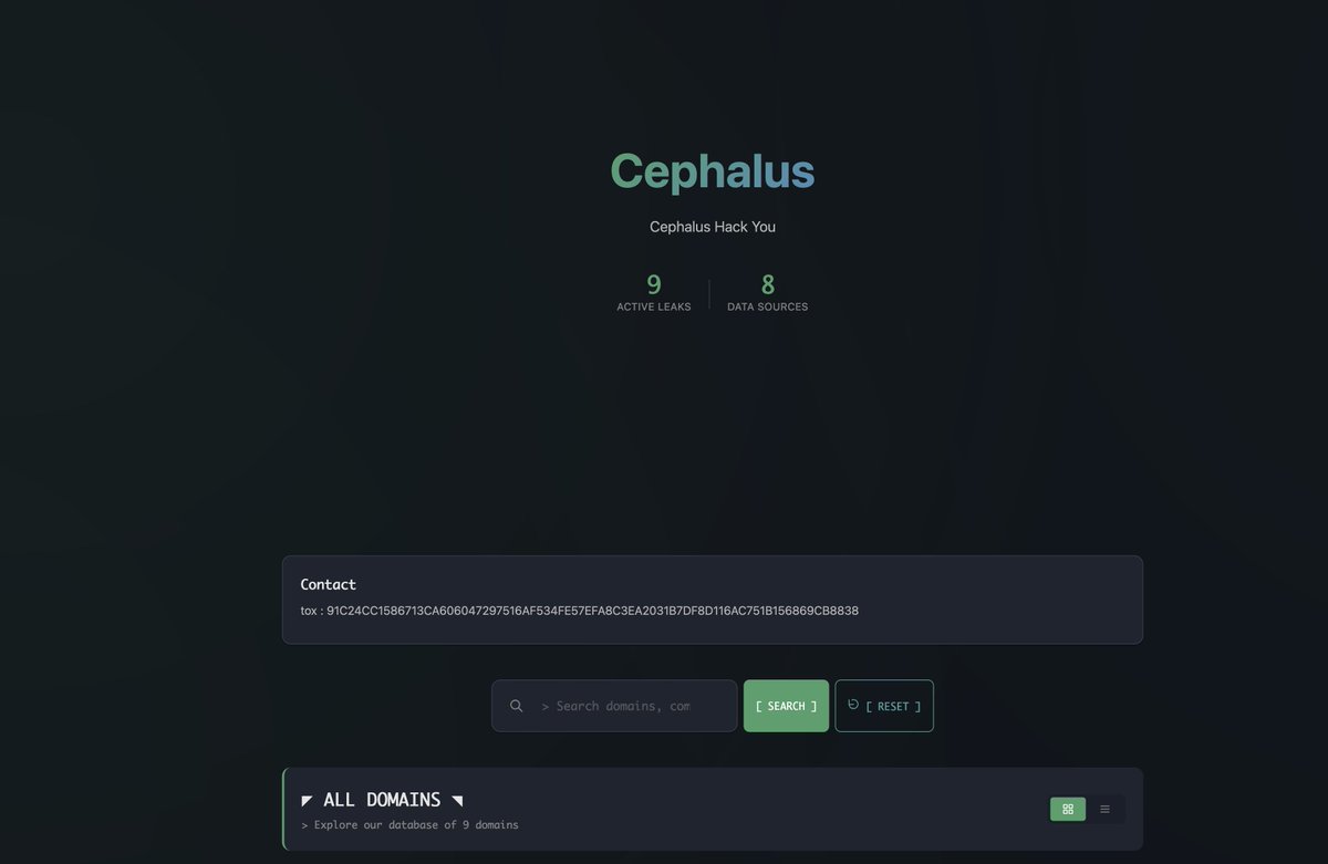 On August 26, 2025, Searchlight Cyber analysts discovered a new data exfiltration and extortion group named Cephalus. It was unclear whether the group leverages ransomware against their victims or just steals data and attempts to extort them.