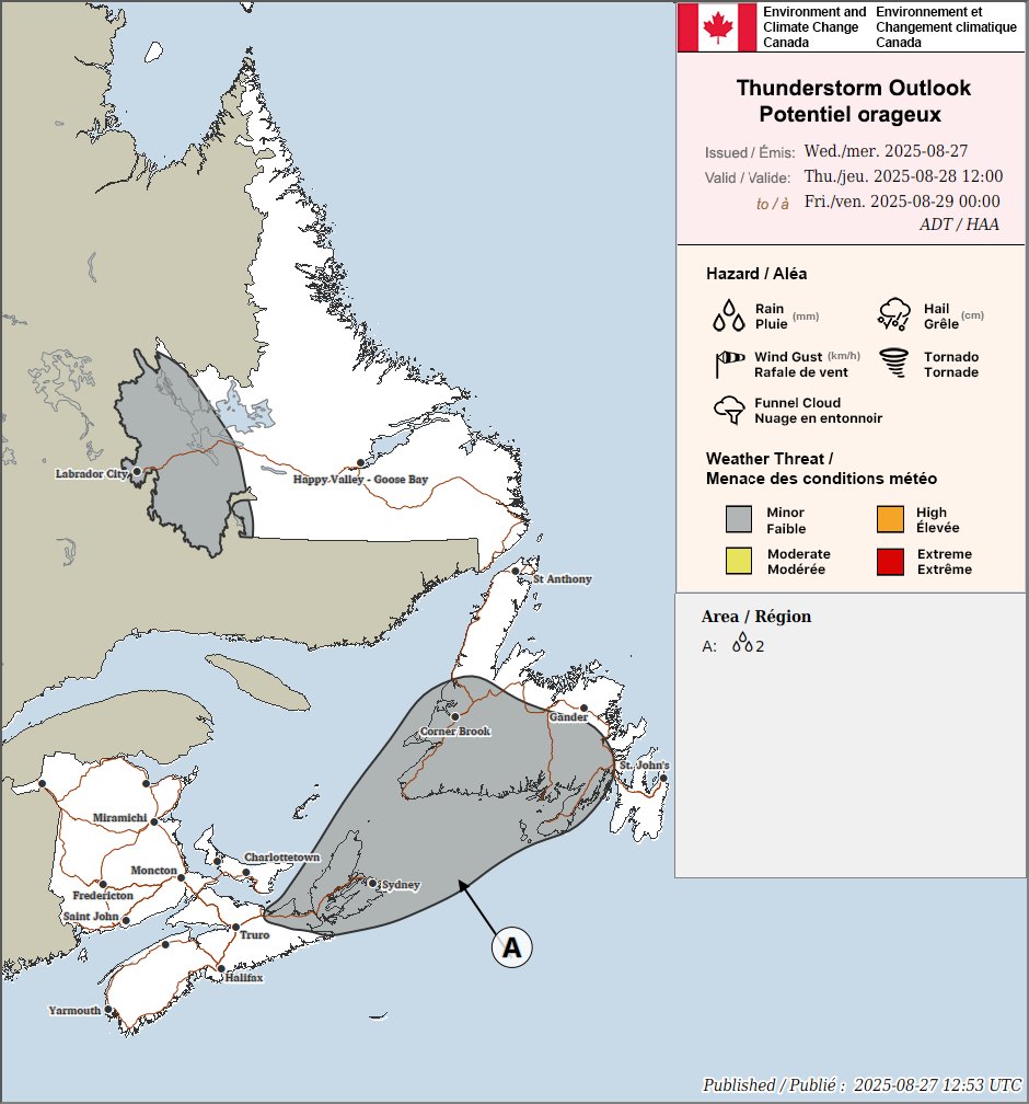 ECCCWeatherNB's tweet image. 🌤️🌩️ Thunderstorm Outlooks for Today and Tmrw. #NBStorm #NSStorm #PEStorm ow.ly/f9n250WMUll