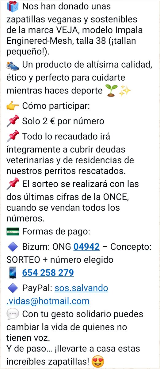🌟🐾 SORTEO SOLIDARIO🐾🌟
Nuestros peludos rescatados necesitan que sigamos cubriendo gastos de residencia y veterinarios. Ahora tienes una forma preciosa de colaborar 🐶💖 
Participa,comparte y ayuda a difundir 💛
🔸 zapatillas #veganas <a href="/vejaproject/">VEJA</a>
🔸2€ por número 🍀