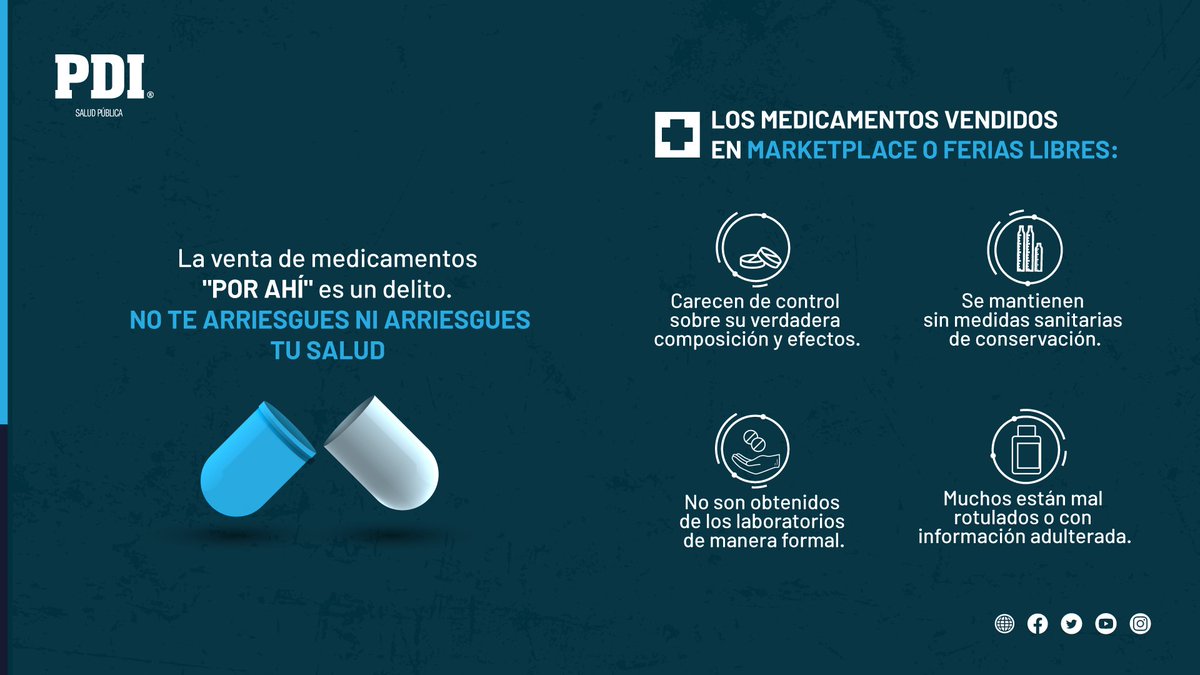 Por tu seguridad, no compres medicamentos "por ahí".
Pensando en tu salud, ¿Cuál de estas opciones elegirías?
❌ Ferias libres, comercio ambulante
❌ Marketplace (Internet)
✔️ Farmacias
#NoCompresMedicamentosPorAhí