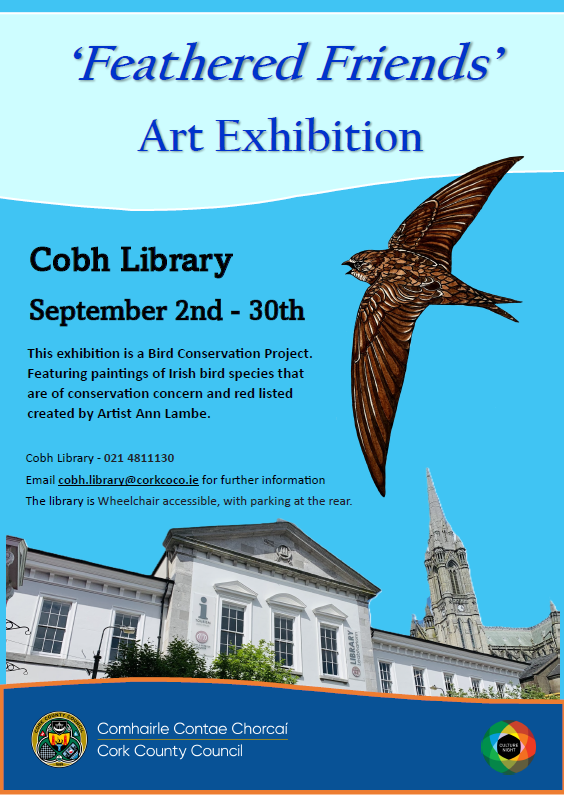 corkcolibrary's tweet image. This September artist Ann Lambe takes up residence in #Cobhlibrary with her exhibition of paintings entitled ‘Feathered Friends’. The collection forms part of a wider bird conservation project to highlight Irish bird species which are under threat from habitat loss and other…