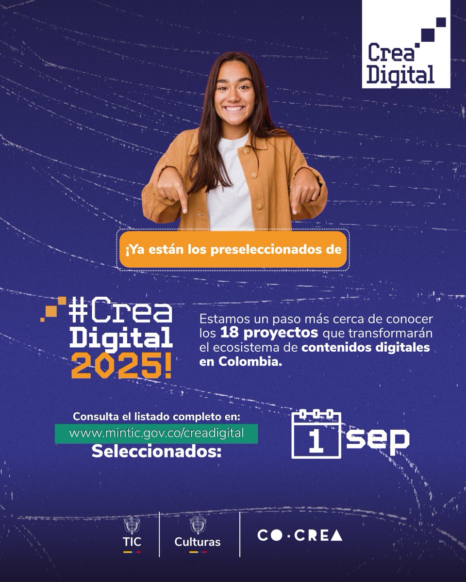 🎉 Ya están publicados los listados de preseleccionados de la convocatoria #CreaDigital2025.
Un paso más hacia la selección de los 18 proyectos que transformarán el ecosistema de contenidos digitales en Colombia 🌐🎬🎮📚.

Consulta aquí los proyectos 👉mintic.gov.co/creadigital/87…