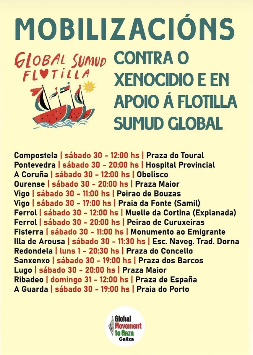 CGT A Coruña (@cgtacoruna) on Twitter photo O 30 de agosto, mobilizacións en Galicia para denunciar o bloqueo criminal da axuda humanitaria en Gaza por parte de Israel e os seus cómplices en EEUU e na UE e mostrar o apoio á Flotilla Sumud Global (<a href="/GlobalSumudF/">Global Sumud Flotilla</a>)
Hai que acabar co xenocidio do pobo palestino! O 30 de agosto, mobilizacións en Galicia para denunciar o bloqueo criminal da axuda humanitaria en Gaza por parte de Israel e os seus cómplices en EEUU e na UE e mostrar o apoio á Flotilla Sumud Global (<a href="/GlobalSumudF/">Global Sumud Flotilla</a>)
Hai que acabar co xenocidio do pobo palestino!