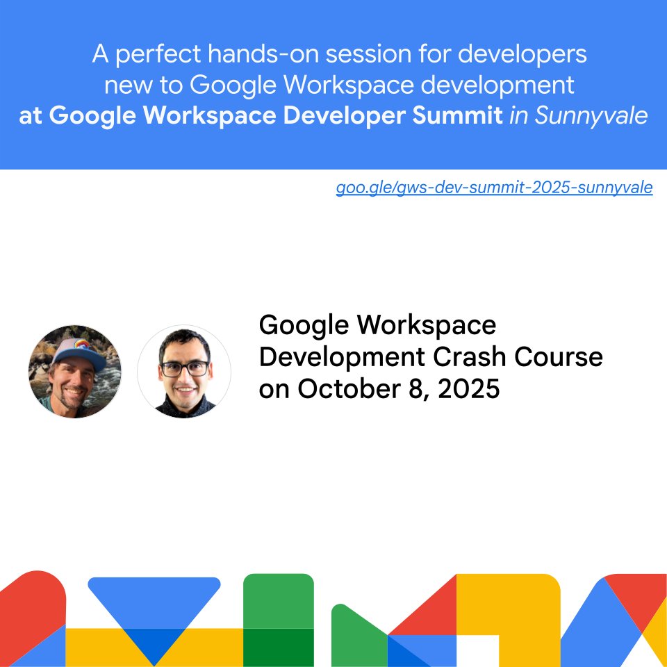 workspacedevs's tweet image. Join us for a #GoogleWorkspace development crash course!
Perfect for devs new to the platform. Get hands-on experience and build your skills. 🛠️
Don't miss out on this chance to level up! 🚀
Sign up now: goo.gle/gws-dev-summit…