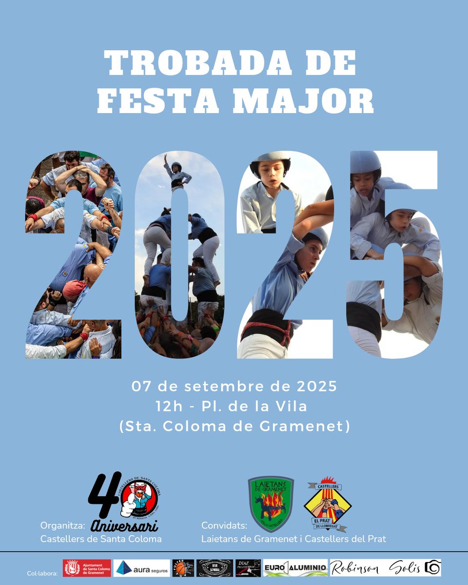 Aquest diumenge 7 de setembre a les 12h ens trobareu a la Plaça de la Vila celebrant la nostra Diada de #FestaMajor 🎉💙
Ens acompanyaran les colles <a href="/cclaietansgram/">Laietanes i Laietans de Gramenet</a> i Castellers del Prat de Ll. No hi falteu! 💪🔥

#santacoloma #gramenet