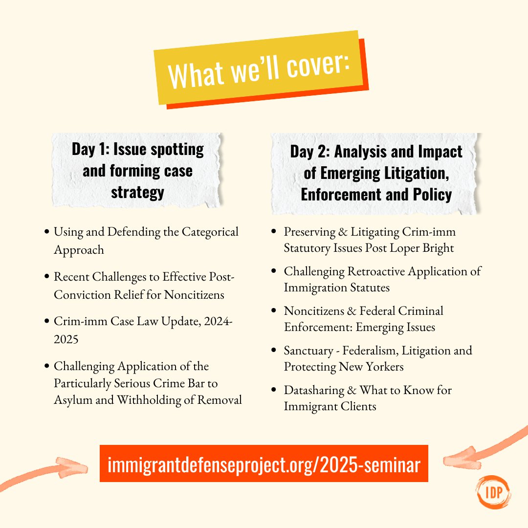 REMINDER: registration for our 2-day CLE training is now open! Get in-depth training on key topics in criminal-immigration law practice from over a dozen experienced immigration and criminal defense attorneys and policy experts!
🗓️ Sept 17 &amp; 18
🖊️ immigrantdefenseproject.org/2025-seminar