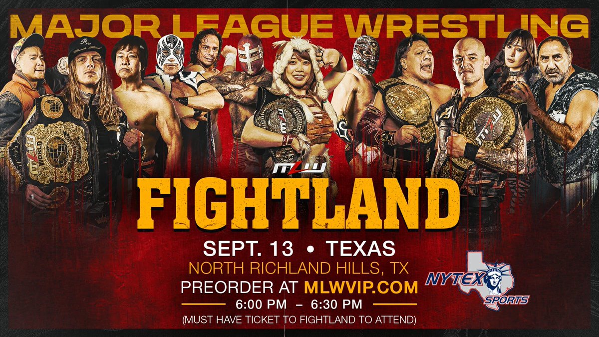 🚨 JUST ANNOUNCED: A limited, exclusive Meet &amp; Greet experience will take place just prior to MLW FIGHTLAND! 

A valid ticket to the show is required for entry to the Meet &amp; Greet. Meet &amp; Greet Passes sold separately.

🗓️ Sat, Sept. 13
🕕6 - 6:30 PM
💻 MLWVIP.com