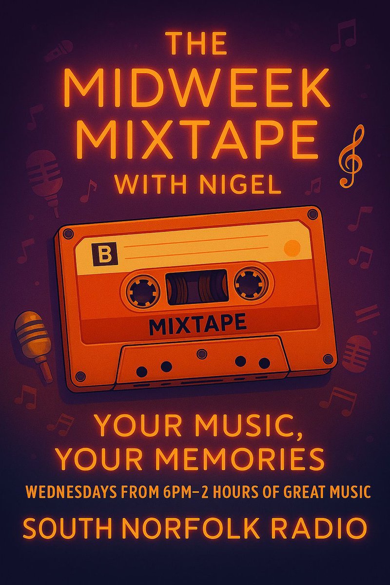 Your music Your memories 
The Midweek Mixtape is broadcast this evening 
on <a href="/snradiouk/">South Norfolk Radio</a> hosted by <a href="/NJTjust/">Chronicles of Nigel</a> 
#RockMusic #CommunityRadio 
Midweek Mixtape 6-8pm 
Wednesday on snradio.uk
Listen via snradio.uk or any radio app or your smart speaker