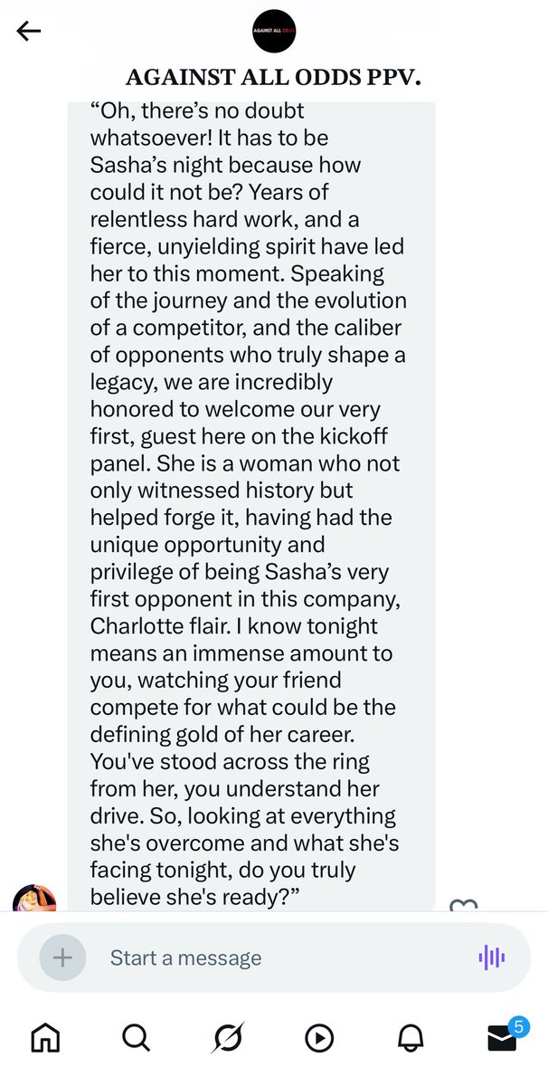 Oh this is about to be INTERESTING!

<a href="/NoAngelNoLonger/">Upon my prestige. ↯ NOT @MsCharlotteWWE</a> is here on the #AgainstAllOdds kickoff, and <a href="/SeizeMoreShade/">𝓢𝓡: 𝒏𝒐𝒕 @𝒅𝒂𝒏𝒊𝒆𝒍𝒍𝒆𝒎𝒐𝒊𝒏𝒆𝒕.</a> asks Charlotte if <a href="/SoulTiedRevenge/">Hadari Yao. ୨୧ NOT @Miss_LeilaGrey.</a> is ready for <a href="/VirginiansPride/">𝐌𝐈𝐂𝐊𝐈𝐄. 𓇽 NOT @MickieJames.</a>? 👀