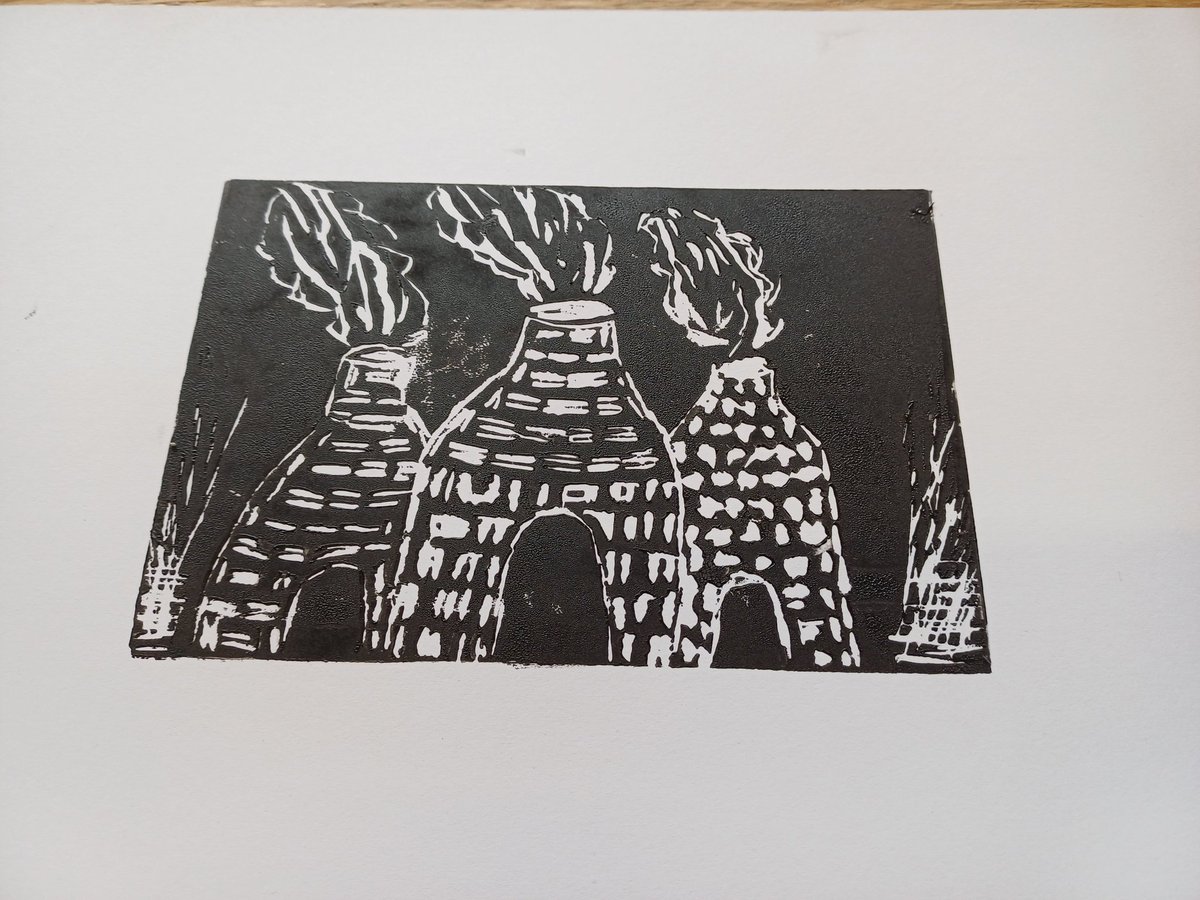 kendie's tweet image. Today it was a lino printing workshop at Fenton Town Hall. Lots of concentration needed to not stab myself. Really enjoyed making the prints. #linoprinting #bottleoven #dandelions #creative #art