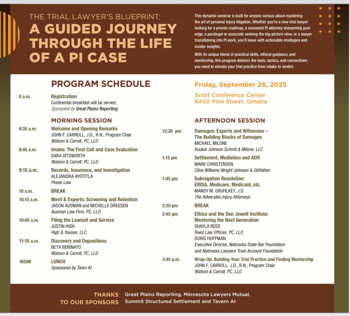 NETrialAttys's tweet image. This dynamic seminar is for anyone serious about mastering the art of PI litigation. Whether you’re a new trial lawyer, a seasoned PI attorney,  or a lawyer transitioning into PI work, you’ll leave with actionable strategies and insider insights.  Visit NebraskaTrial.com.