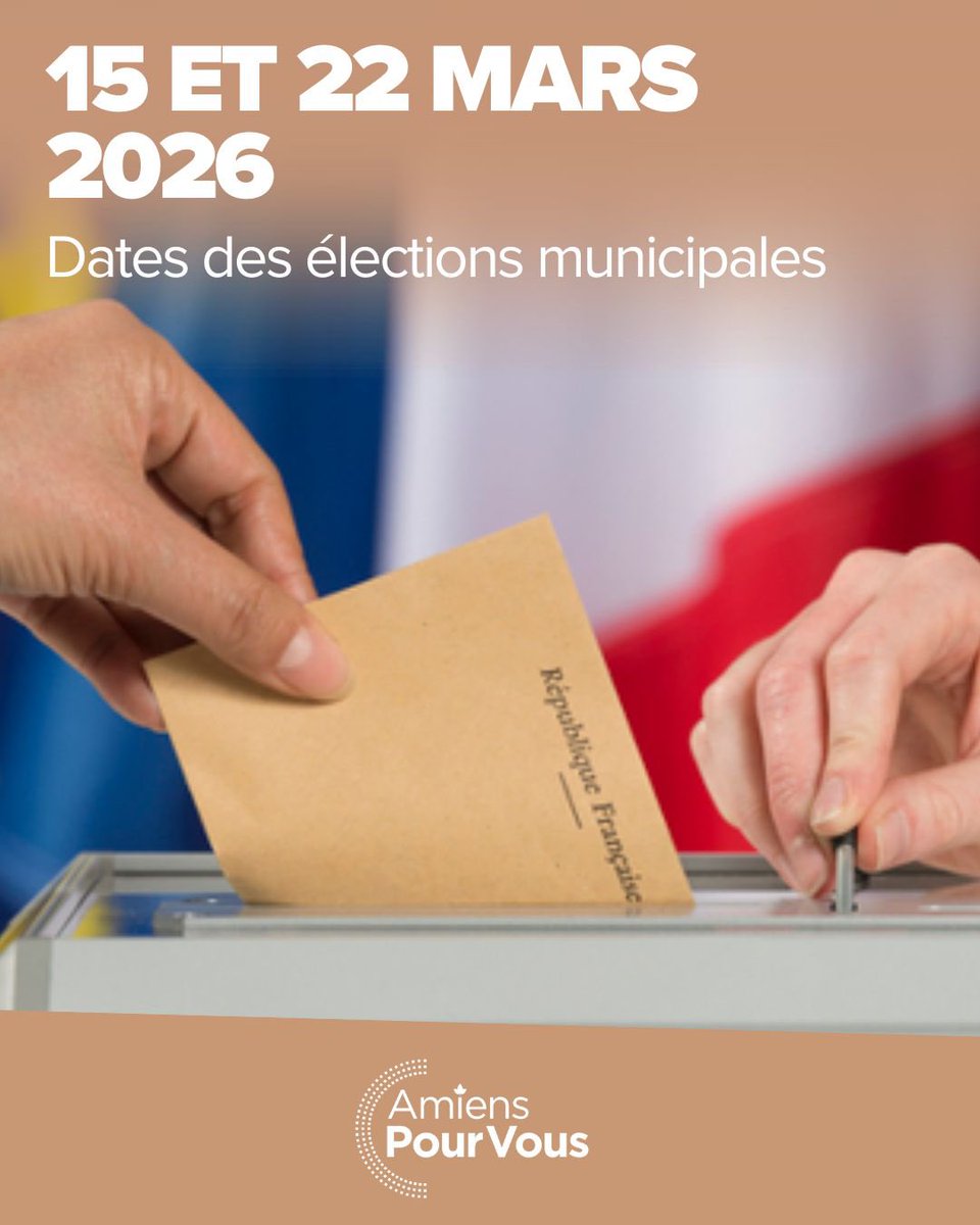 📅 Les dates sont fixées !

Les élections municipales auront lieu les 15 et 22 mars 2026.

Nous aurons ensemble l’opportunité de dessiner l’avenir de notre ville et surtout d’améliorer votre quotidien pour faire d’Amiens une ville où il fait bon vivre ! 🌇🌿
