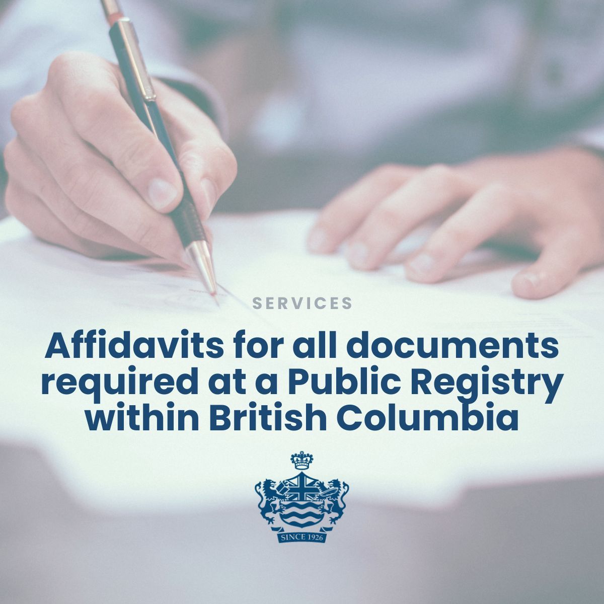 Across British Columbia, Notaries play an important role in preparing affidavits for documents filed with Public Registries.

From real estate to corporate filings, Notaries provide trusted support to ensure your documents meet legal standards.

Connect with a BC Notary in your