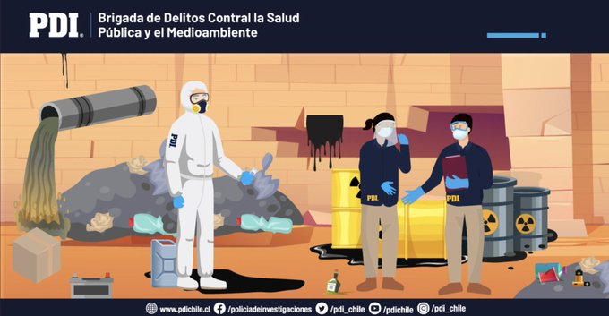 El manejo irresponsable de residuos nocivos y peligrosos es un delito investigado por la PDI. Te invitamos a informarte, ser responsable con tus residuos y denunciar su mal manejo. Más información bit.ly/3vBlus1