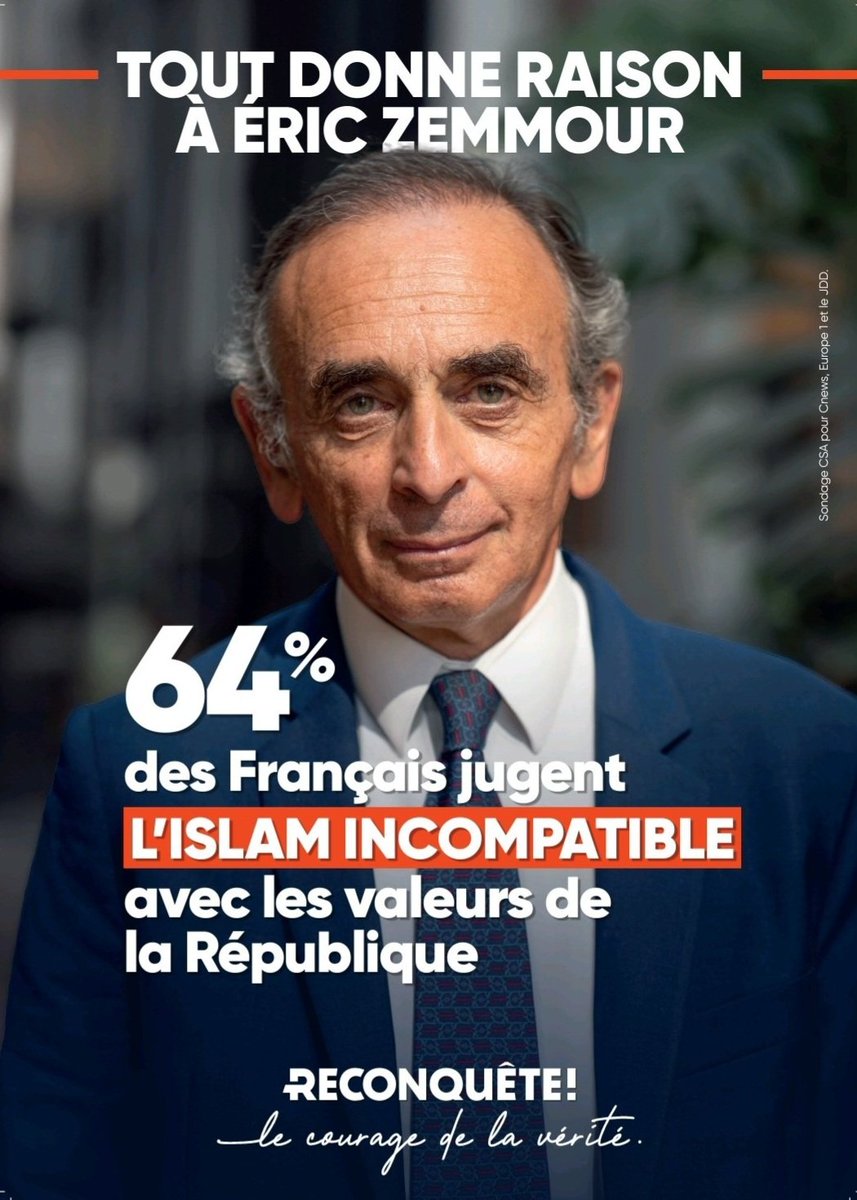 ilanlct_'s tweet image. Une majorité de Français, soit 64%, donnent raison à @ZemmourEric en jugeant l'islam incompatible avec les valeurs de la république.