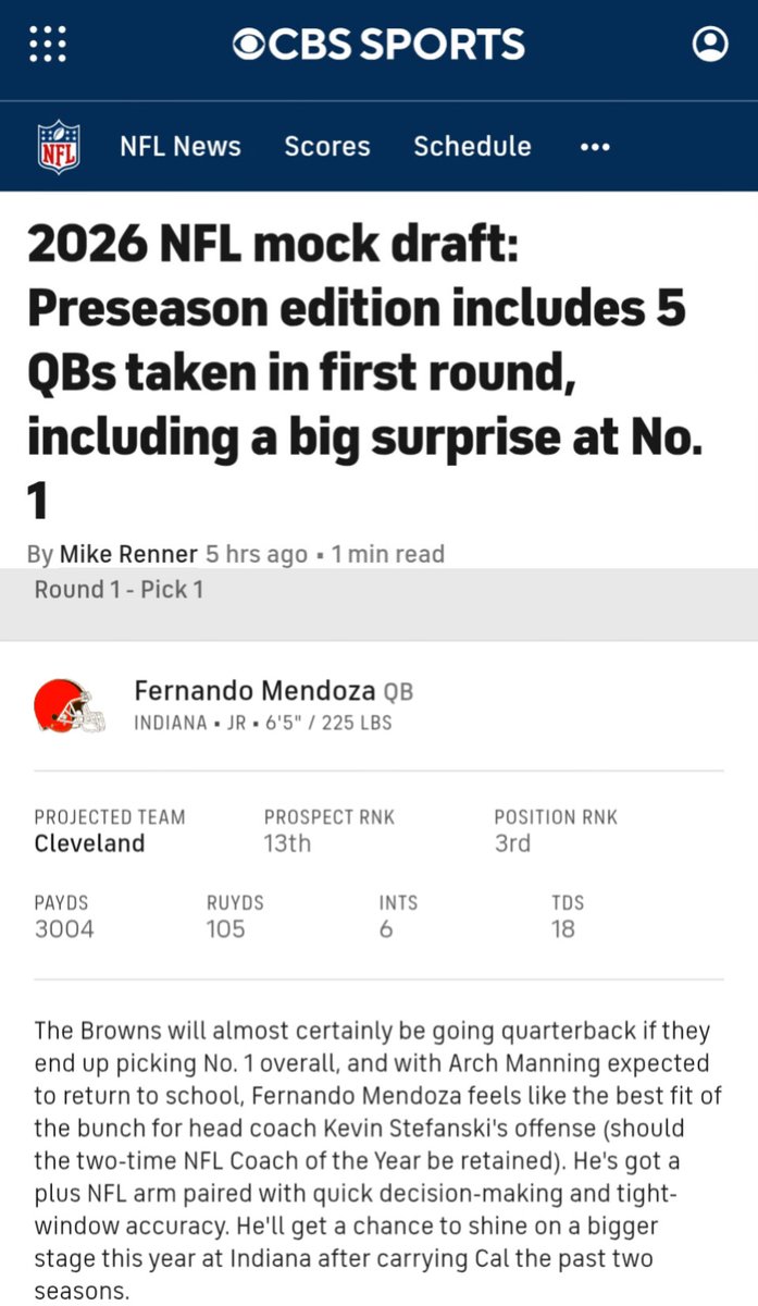 CBS Sports NFL mock draft #1 pick.... that's right, our QB1 Fernando Mendoza #iufb