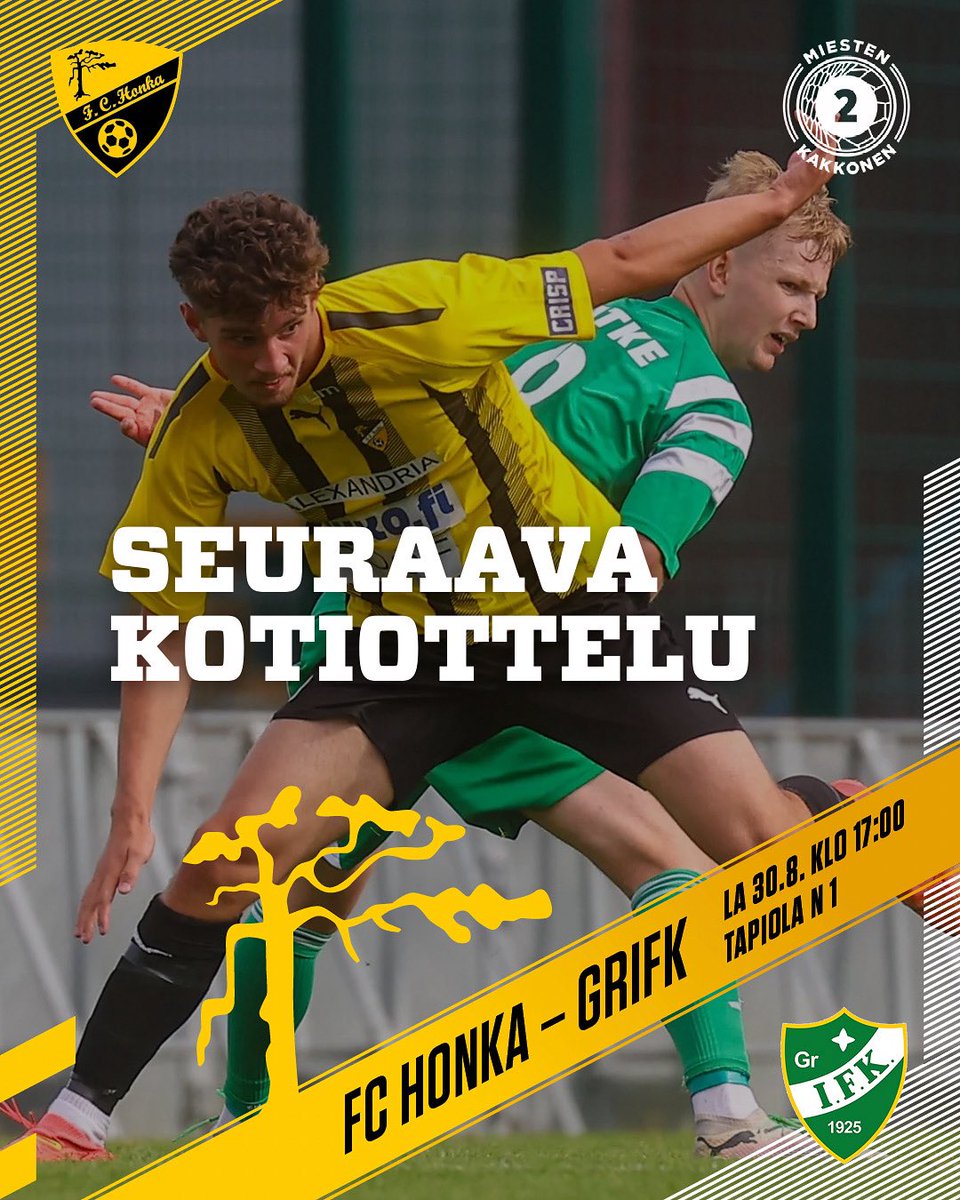 Lauantaina potkaistaan ylempi jatkosarja käyntiin Tapiolassa klo 17:00!

Vastaan asettuu paikallisvastustaja Grani.

Tule paikan päälle! Tästä se lähtee!

#MeOllaanHonka

📸 Juhani Järvenpää