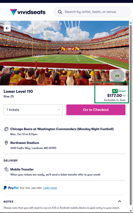 Sean_Cullinan's tweet photo. How is this still legal @FTC? https://t.co/l70UoVv5cA say $177 are for tickets to the Commanders game "Included in fees."  I thought that meant it included fees.  For 7 tickets that should come to $1239. Payment screen says $1723. No breakdown of fees. I got scammed! https://t.co/SmLO8yNqYN
