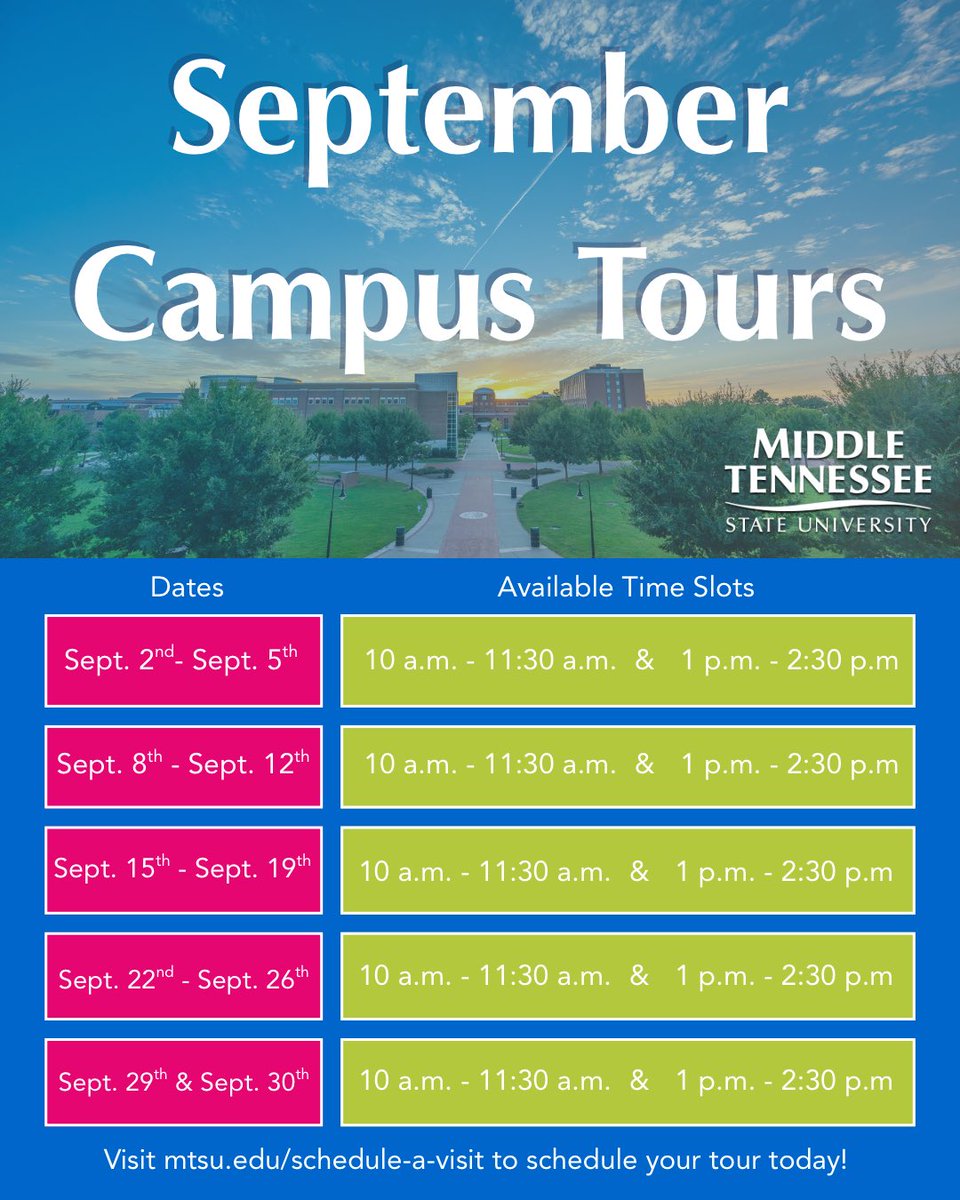 September Tour Dates are now available🤩Schedule yours today to see why True Blue is the right choice for you!💙#trueblue #mtsu #campustour