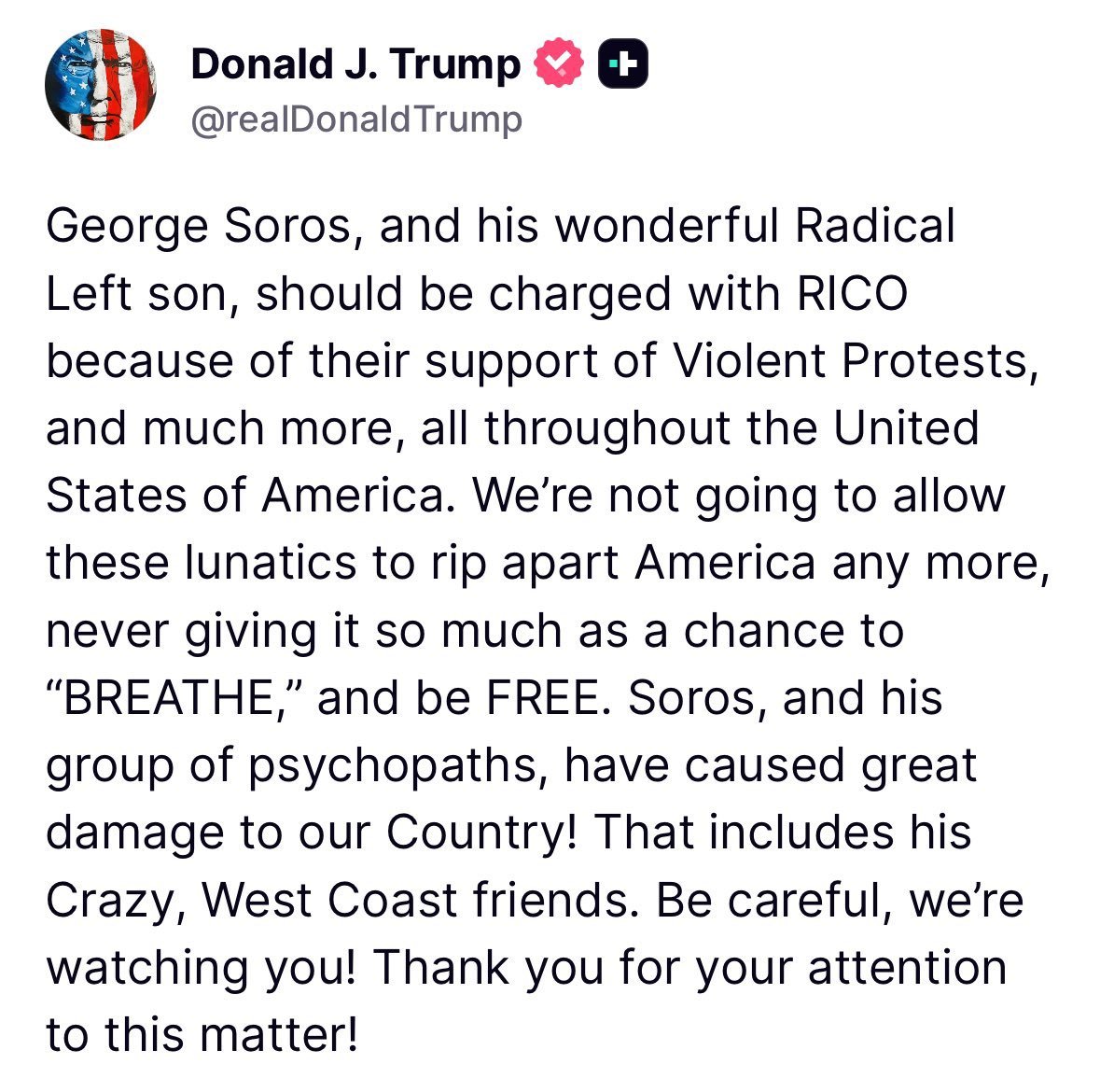 髙安カミユ(ミジンコまさ) (@martytaka777) on Twitter photo ついに!!!トランプ大統領は、ジョージ・ソロスとその急進左派の息子アレックス・ソロスに対し、全国での暴力的な抗議活動を支援したとしてRICO法違反で起訴すべきだと呼びかけた。ソロスに会ってた日本の政治家は息してる? ついに!!!トランプ大統領は、ジョージ・ソロスとその急進左派の息子アレックス・ソロスに対し、全国での暴力的な抗議活動を支援したとしてRICO法違反で起訴すべきだと呼びかけた。ソロスに会ってた日本の政治家は息してる?