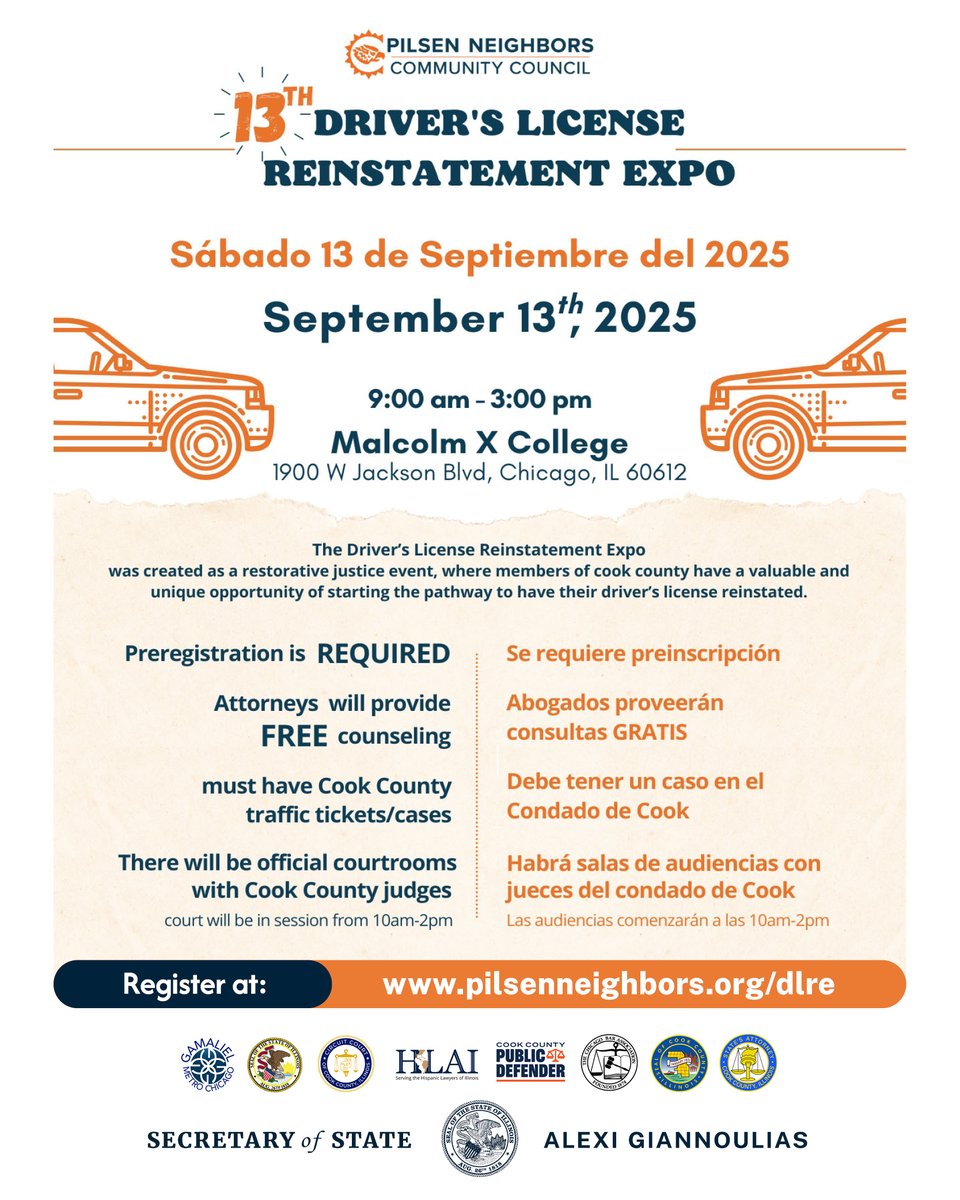 ILSecOfState's tweet image. Need help reinstating your license? Our Administrative Hearings team will be at the 13th Driver’s License Reinstatement Expo, hosted by @pilsenneighbors!

🗓️ Saturday, Sept 13, 2025
⏰ 9AM–3PM
📍 Malcolm X College
✅ Pre-registration required: pilsenneighbors.org/dlre