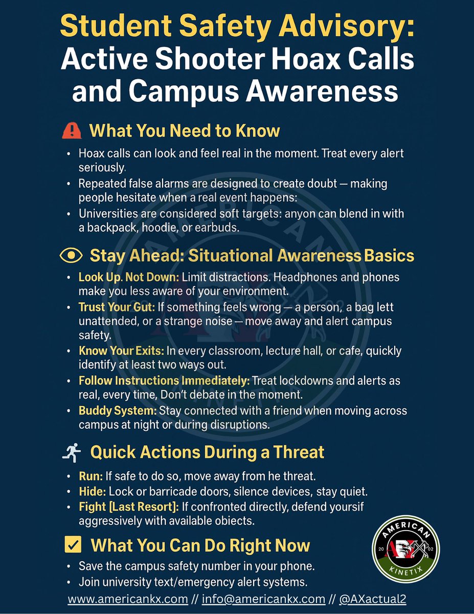 AMERICAN | kinetix (AX) (@axactual2) on Twitter photo Student Awareness - Active Shooter
Send this to all the students you know in your orbit.
<a href="/Harden_TF_Up/">Harden TF Up 🇺🇸</a> <a href="/realLegendAfg/">Legend</a> <a href="/laralogan/">Lara Logan</a> <a href="/RKGold/">RK Gold</a> <a href="/commandeleven/">𝗖𝗢𝗠𝗠𝗔𝗡𝗗𝗘𝗟𝗘𝗩𝗘𝗡®</a> <a href="/ShawnRyan762/">Shawn Ryan</a> <a href="/GarandThumb1/">Garand Thumb</a> <a href="/teamfroglogic/">David Rutherford</a> <a href="/Jim19872010/">Colonel Jim Zietlow retired</a> <a href="/apexguardhq/">Apexguard</a> <a href="/Apex_Actual_/">Apex Actual | 🇺🇸 |</a> Student Awareness - Active Shooter
Send this to all the students you know in your orbit.
<a href="/Harden_TF_Up/">Harden TF Up 🇺🇸</a> <a href="/realLegendAfg/">Legend</a> <a href="/laralogan/">Lara Logan</a> <a href="/RKGold/">RK Gold</a> <a href="/commandeleven/">𝗖𝗢𝗠𝗠𝗔𝗡𝗗𝗘𝗟𝗘𝗩𝗘𝗡®</a> <a href="/ShawnRyan762/">Shawn Ryan</a> <a href="/GarandThumb1/">Garand Thumb</a> <a href="/teamfroglogic/">David Rutherford</a> <a href="/Jim19872010/">Colonel Jim Zietlow retired</a> <a href="/apexguardhq/">Apexguard</a> <a href="/Apex_Actual_/">Apex Actual | 🇺🇸 |</a>