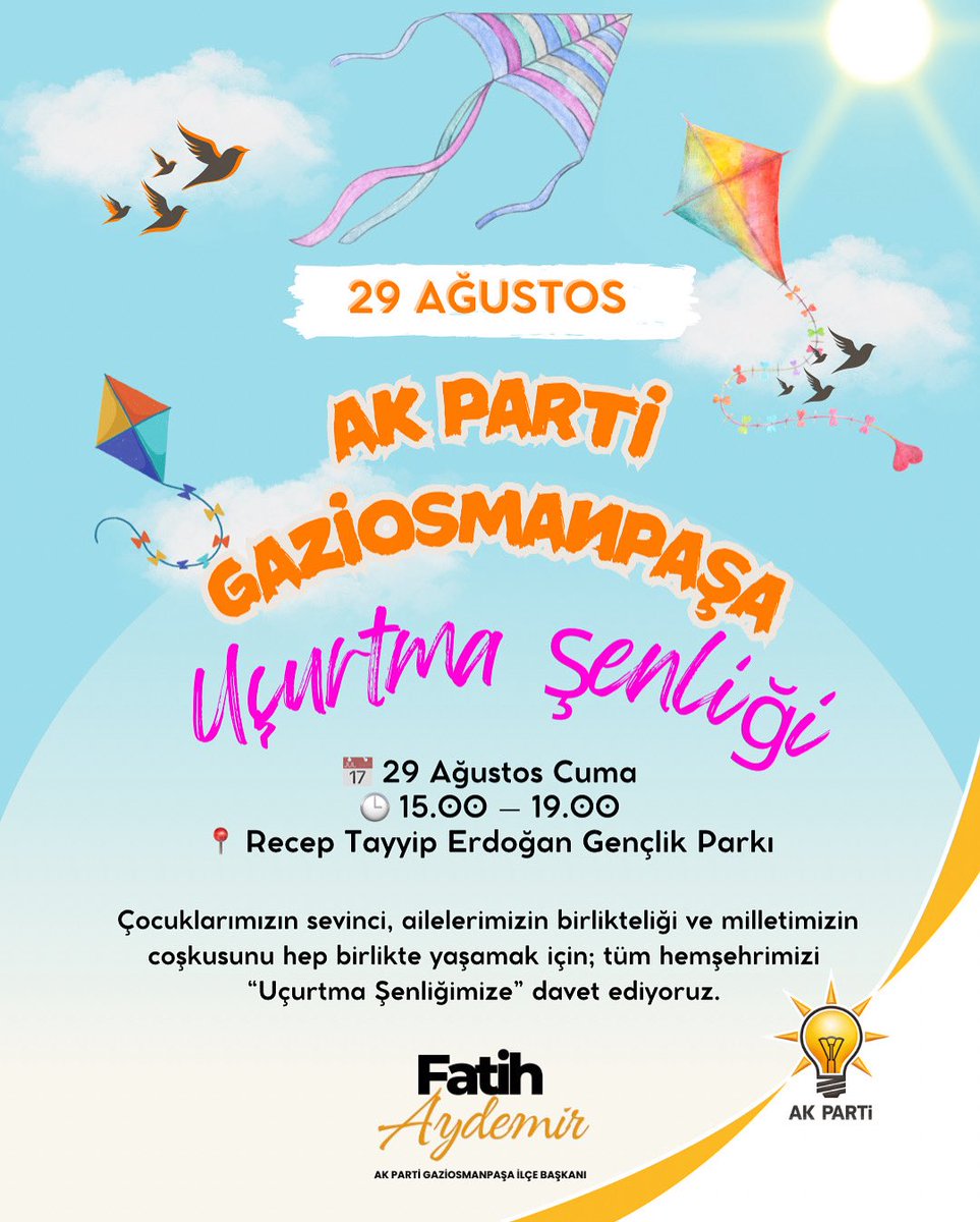 🌈🪁 Gaziosmanpaşa’da Gökyüzü Bayramı!

Çocuklarımızın sevinci, ailelerimizin birlikteliği ve milletimizin coşkusunu hep birlikte yaşamak için; tüm hemşehrilerimizi Uçurtma Şenliğimize davet ediyorum. 

📅 29 Ağustos Cuma
🕒 15.00 – 19.00
📍 Recep Tayyip Erdoğan Gençlik Parkı