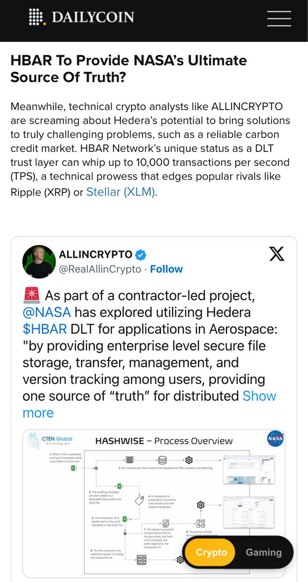 🚨Just In: Can NASA’s $HBAR Tie-In Catapult Hedera’s Price To $2?

<a href="/ReadDailyCoin/">DailyCoin</a> Reports:

“NASA starts ledger tech trials for verified satellite data sharing, paving the way for Hedera’s imminent adoption in aerospace.”

“NASA had been exploring the capabilities of Hedera