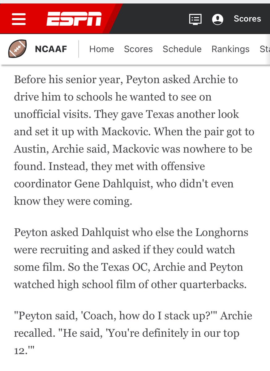 Gerry Hamilton (@ghamiltonotf) on Twitter photo Oof … this is about as straight up dumb and arrogant as it gets in recruiting … story about Texas and Peyton’s visit to Texas in John Mackovic era . <a href="/ontexasfootball/">OnTexasFootball</a>
From ESPN article on Arch
espn.com/college-footba… Oof … this is about as straight up dumb and arrogant as it gets in recruiting … story about Texas and Peyton’s visit to Texas in John Mackovic era . <a href="/ontexasfootball/">OnTexasFootball</a>
From ESPN article on Arch
espn.com/college-footba…