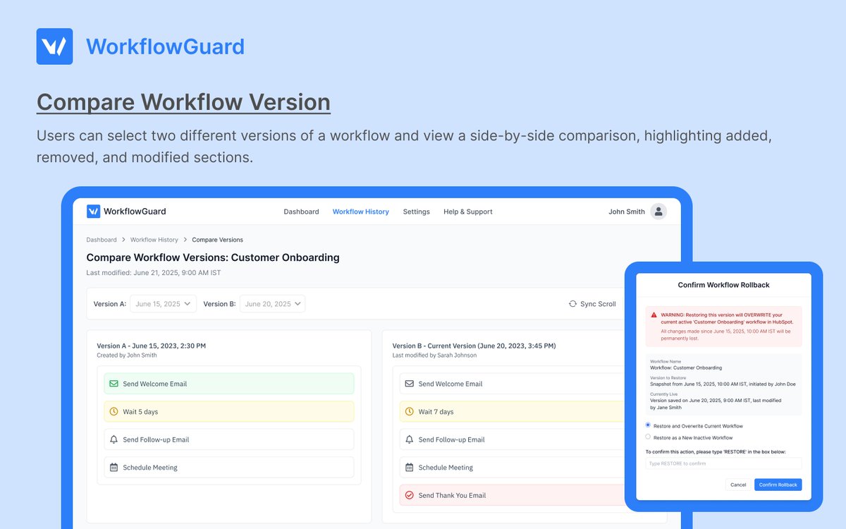 workflowguard's tweet image. Lost a critical HubSpot workflow? 😩 Don't panic.
With WorkflowGuard, you can easily compare any two versions of a workflow side-by-side to see exactly what changed. Spot the error, then roll back instantly.
Your marketing automation is safe with us. 🛡️
#HubSpot #CRM #Workflow