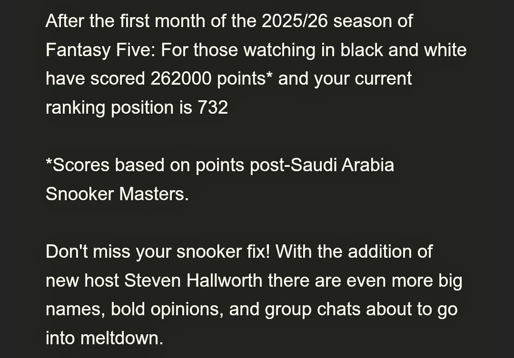 Lorenzo (@intheballs147) on Twitter photo I thought it was doing terribly until I saw <a href="/OOCSnooker/">Out Of Context Snooker</a> 😅. If John had been on it from the start, I'd be doing so much better
#FantasyFive I thought it was doing terribly until I saw <a href="/OOCSnooker/">Out Of Context Snooker</a> 😅. If John had been on it from the start, I'd be doing so much better
#FantasyFive