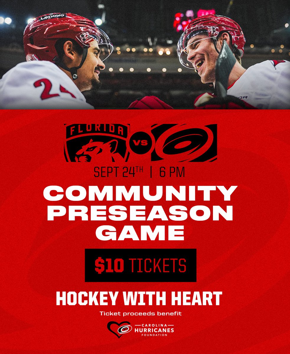 Tickets for our Community Preseason Game are on sale now! 

Watch #Canes hockey for only $10 with proceeds benefitting the Carolina Hurricanes Foundations. 

🎟️ n.carhur.com/3UOb2dz