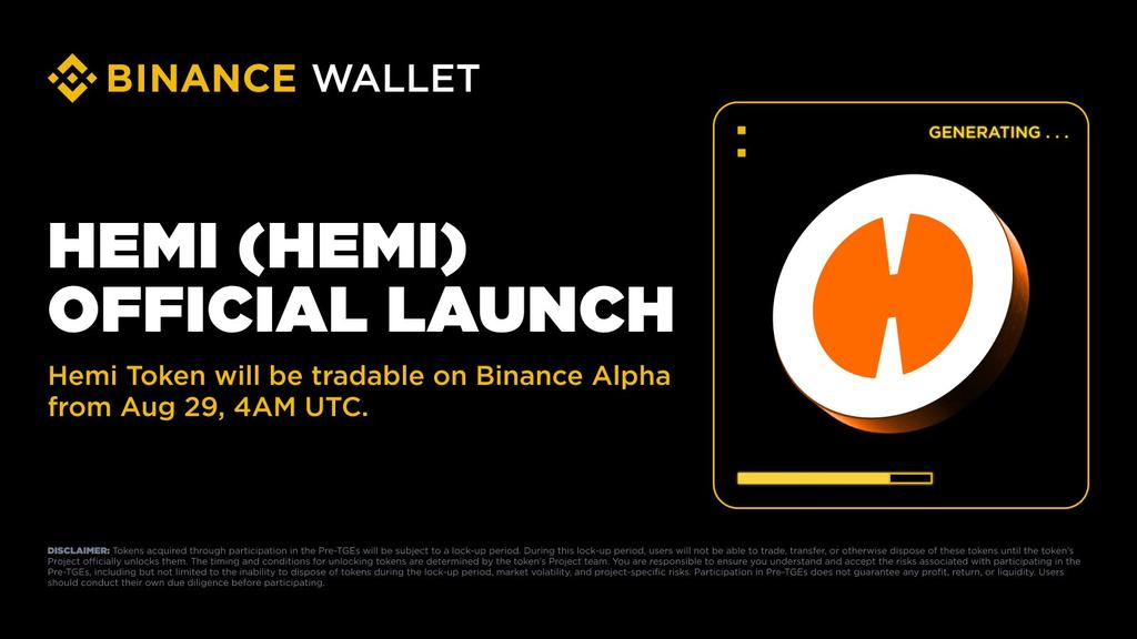 CryptoAddict (@cryptoaddict72) on Twitter photo Listing Update: <a href="/hemi_xyz/">Hemi</a>
$HEMI will be listed on Binance Alpha & Binance Futures starting August 29 Listing Update: <a href="/hemi_xyz/">Hemi</a>
$HEMI will be listed on Binance Alpha & Binance Futures starting August 29