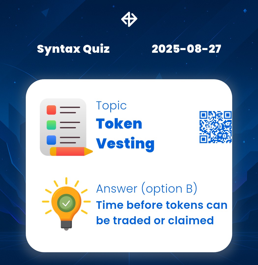 📅 Aug 27, 2025 – Quiz Answers 💎
✅ Xenea ➤ D
✅ Arichain ➤ C
✅ Syntaxverse ➤ B

🛅 Vault Code: 1-5-4-2