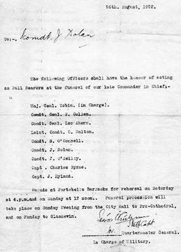 List of officers chosen as pallbearers at the funeral of Michael Collins - dated 26 August 1922