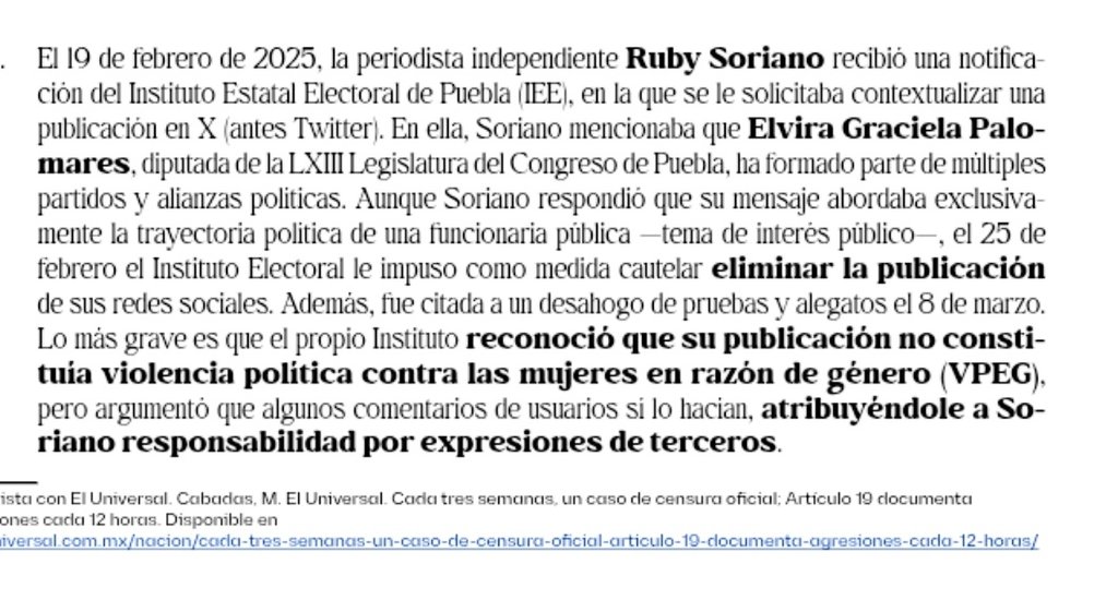 Berenice Martínez (@bereymar) on Twitter photo Van tres casos de acoso judicial contra periodistas y medios en Puebla, según <a href="/article19mxca/">ARTICLE 19 México y Centroamérica</a>
Destaca el caso de <a href="/rubysoriano/">Ruby Soriano</a>, quien fue denunciada por la diputada de Morena, Grace Palomares
Del 1 de enero al 31 de julio, la organización registró 51 casos de acoso judicial en MX Van tres casos de acoso judicial contra periodistas y medios en Puebla, según <a href="/article19mxca/">ARTICLE 19 México y Centroamérica</a>
Destaca el caso de <a href="/rubysoriano/">Ruby Soriano</a>, quien fue denunciada por la diputada de Morena, Grace Palomares
Del 1 de enero al 31 de julio, la organización registró 51 casos de acoso judicial en MX