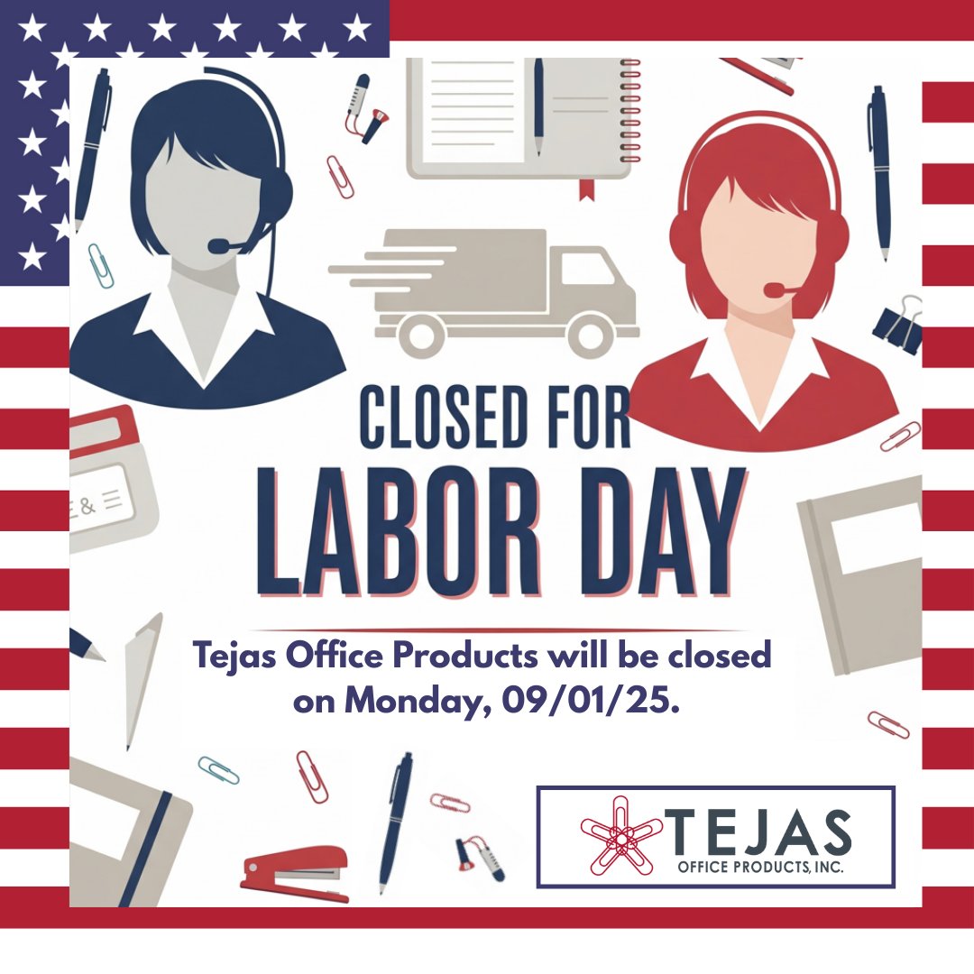 TejasOffice's tweet image. In observance of Labor Day, Tejas Office Products will be closed on Monday, September 1st. We will be back to serve you on Tuesday, September 2nd! Enjoy the extended weekend! Have fun &amp;amp; be safe ⭐

#closedforlaborday #extendedweekend #tejasofficeproducts