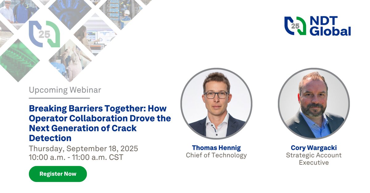 🚨 Don’t Miss Out! 🚨

Hear from Cory Wargacki and Thomas Hennig about how this next-gen solution improves accuracy and efficiency in crack detection.

📅 Thursday, September 18, 2025 | 10 a.m. - 11 a.m. CST
🔗 Register here: bit.ly/4fEULRS