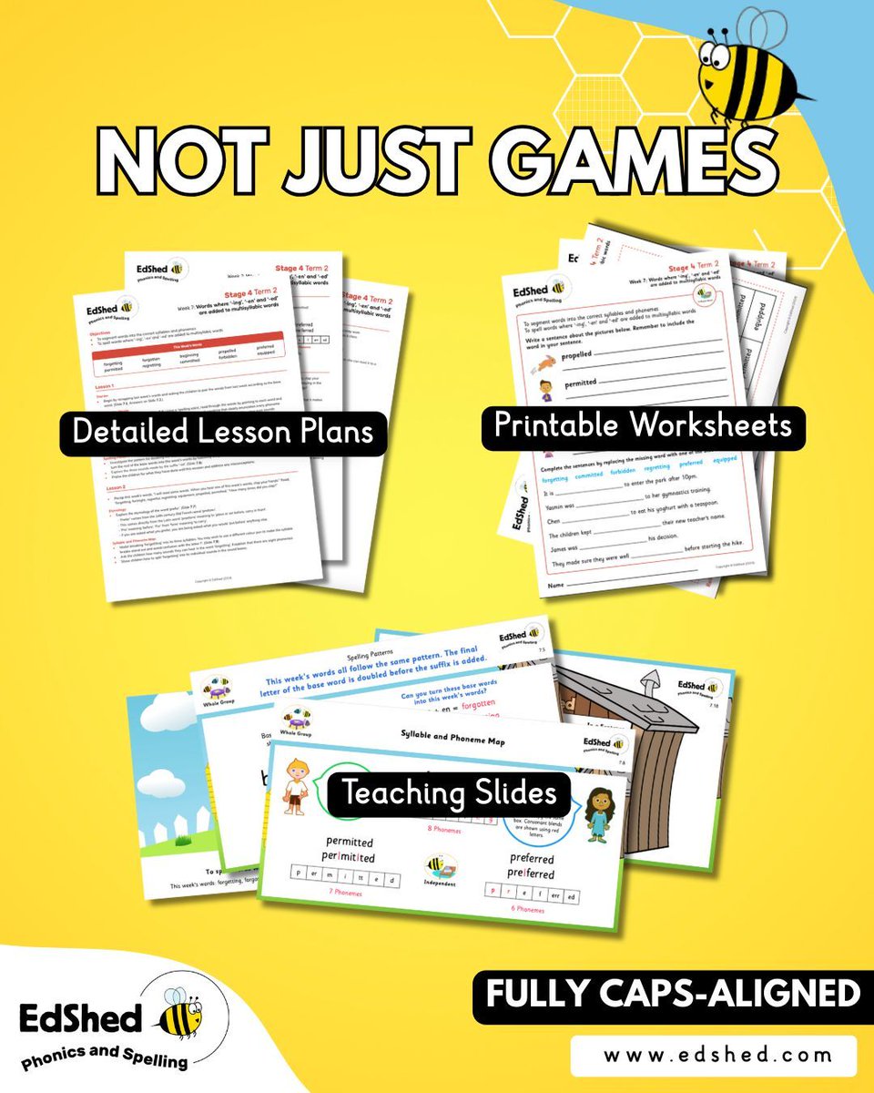 EdShed Phonics and Spelling is more than just games.

🐝 Lessons are based on up-to-date research into spelling instruction.

Lessons are fully planned and fully resourced, so you can save time and ensure that you are teaching spelling effectively.

👉 edshed.co.za