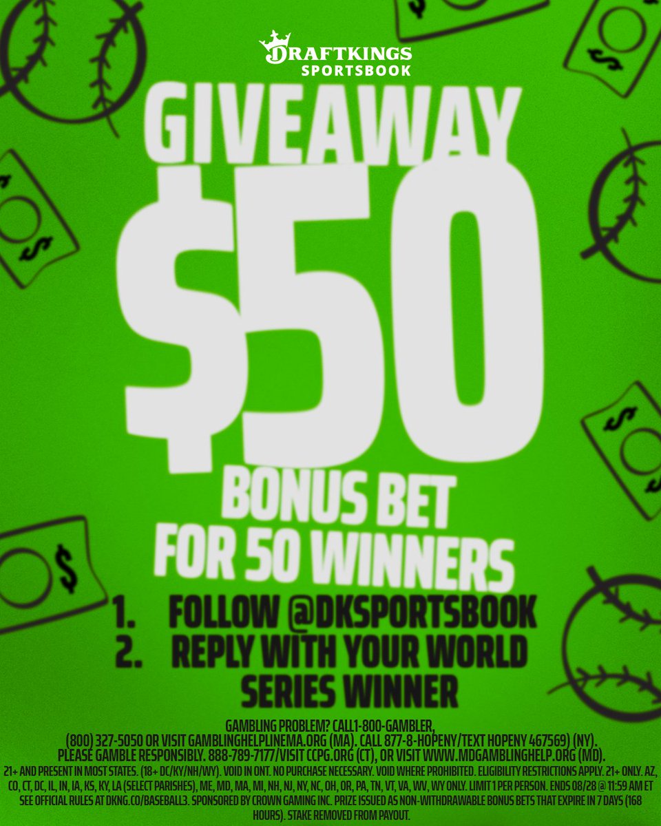 DraftKings Sportsbook (@dksportsbook) on Twitter photo We've got one more baseball giveaway for you guys this month!
Enter for a chance to win a $50 Bonus Bet! All you need to do is:
1. Follow <a href="/DKSportsbook/">DraftKings Sportsbook</a>
2. Reply with your World Series Winner 🔒
50 Winners | $50 Bonus Bet | See below for terms We've got one more baseball giveaway for you guys this month!
Enter for a chance to win a $50 Bonus Bet! All you need to do is:
1. Follow <a href="/DKSportsbook/">DraftKings Sportsbook</a>
2. Reply with your World Series Winner 🔒
50 Winners | $50 Bonus Bet | See below for terms